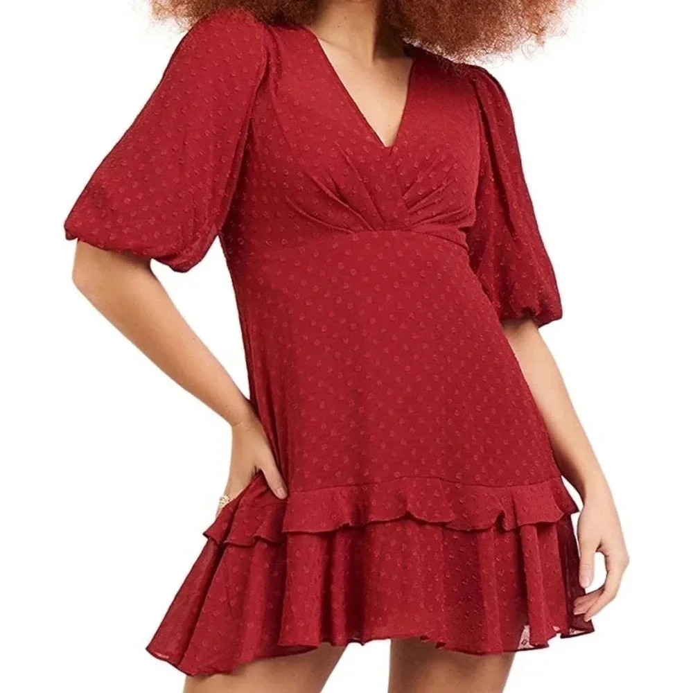 Black Tape petite red dot ruffle hem dress size S.